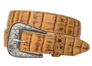 Crocodile Alligator Belly Pattern Leather Western Cowboy Belt Cognac