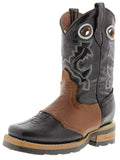 Kids Black & Honey Brown Real Leather Cowboy Boots - Square Toe