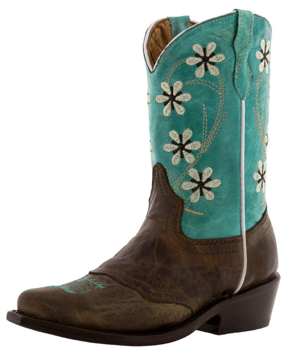 Girls Turquoise & Brown Leather Floral Embroidered Cowgirl Boots - Snip Toe