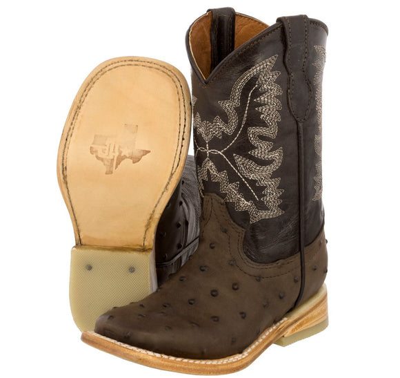 Kids Toddler Brown Ostrich Quill Print Cowboy Boots - Square Toe