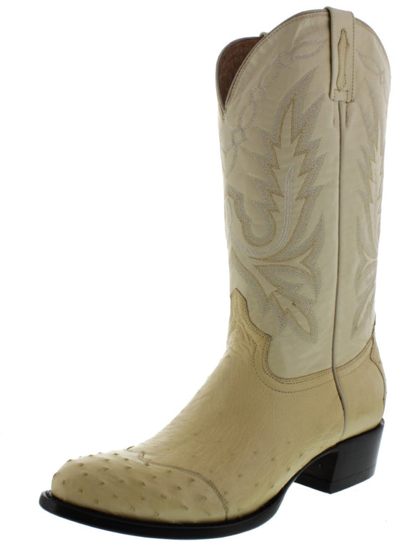Mens Off White Ostrich Skin Leather Cowboy Boots - Round Toe