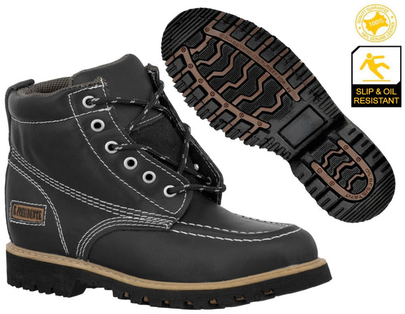 Mens Black Work Boots Leather Slip Resistant Lace Up Soft Toe - #650TR
