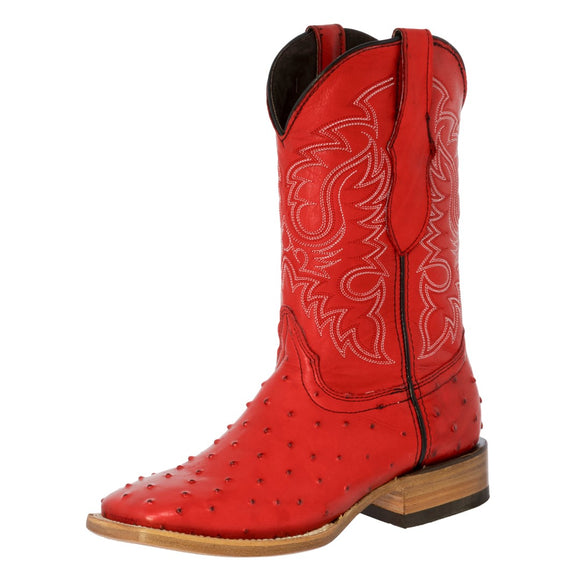 Mens Red Ostrich Quill Print Leather Cowboy Boots Square Toe