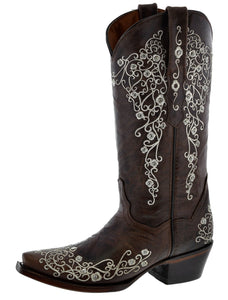 Womens Stella Brown Floral Embroidered Leather Cowboy Boots - Snip Toe