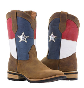 Mens Brown Texas Flag Leather Cowboy Boots Square Toe