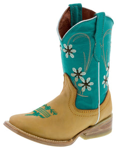 Kids Baby Blue & Buttercup Western Cowboy Boots Floral Leather - Square Toe