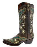 Womens Panal Brown Cowgirl Boots Embroidered Rhinestones - Snip Toe