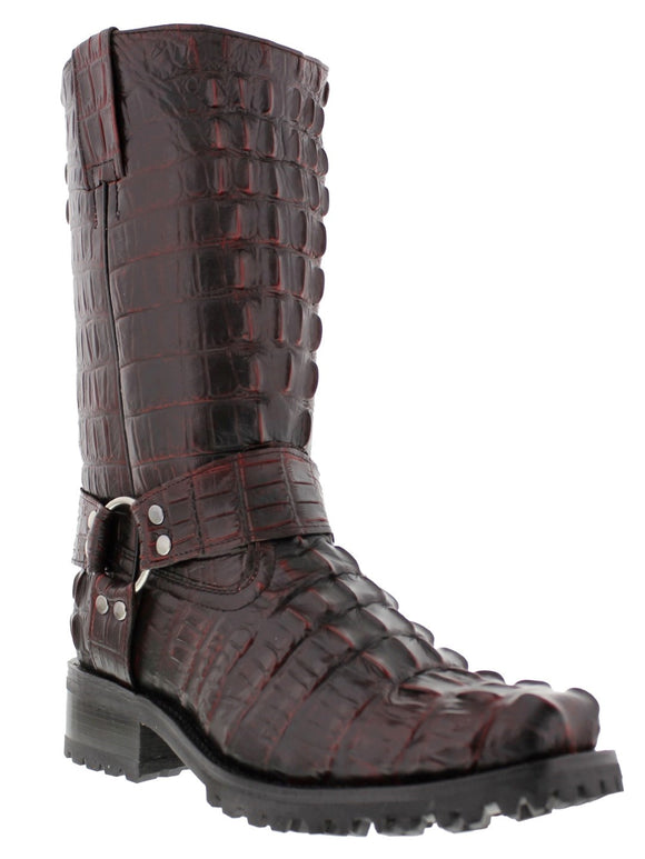 Mens Black Cherry Motorcycle Boots Crocodile Tail Print - Square Toe