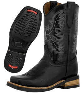 Kids Unisex Genuine Leather Western Wear Boots Black Square Toe Botas