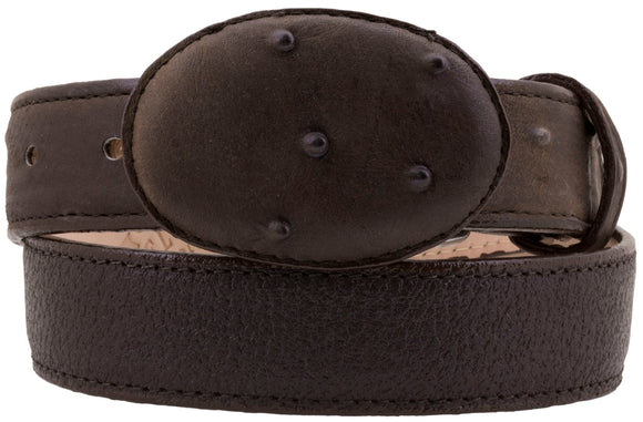 Kids Brown Cowboy Belt Ostrich Print Overlay Leather - Removable Buckle