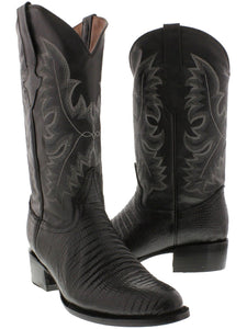 Mens Black Teju Lizard Print Leather Cowboy Boots Round Toe