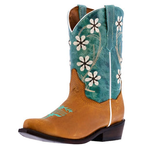 Kids FLR1 Teal Western Cowboy Boots Floral Leather - Snip Toe