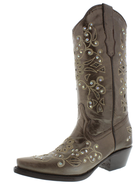Womens 720 Brown Leather Cowboy Boots Rhinestones - Snip Toe