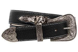 Black Western Cowboy Leather Belt Ranger Concho - Silver Buckle