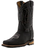 Kids Black Genuine Leather Western Cowboy Boots - Square Toe