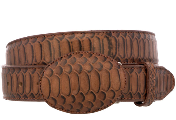 Cognac Western Cowboy Belt Snake Print Leather - Rodeo Buckle