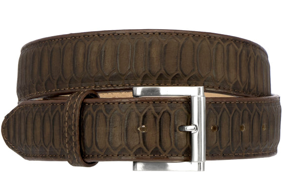 Brown Western Cowboy Belt Snake Print Leather - Silver Buckle