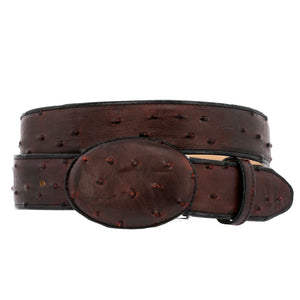 Black Cherry Western Cowboy Belt Ostrich Quill Print Leather - Rodeo Buckle