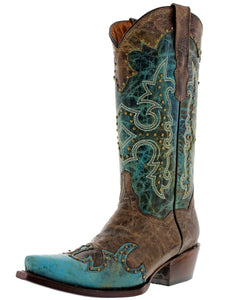 Womens Katy Baby Turquoise Leather Cowboy Boots Studded - Snip Toe