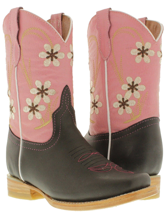 Girls Kids Black Pink Leather Flower Rodeo Square Pull On Western Cowgirl Boots