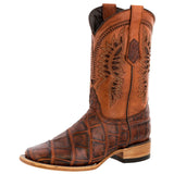 Mens Cognac Western Wear Leather Cowboy Boots Elephant Print Square Toe