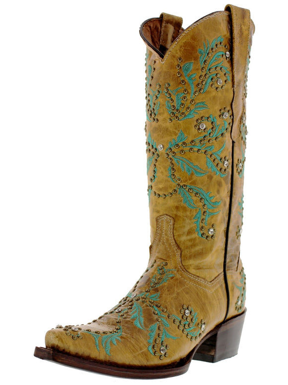 Womens Malaga Sand Leather Cowboy Boots Embroidered - Snip Toe