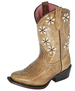 Kids FLWR Almond Western Cowboy Boots Floral Leather - Snip Toe