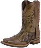 Mens Sand Western Leather Cowboy Boots Snake Print - Square Toe