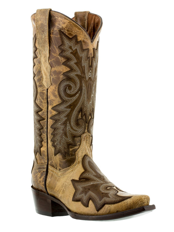 Women's Ancona Sand Tan Overlay Leather Cowgirl Boots Snip Toe