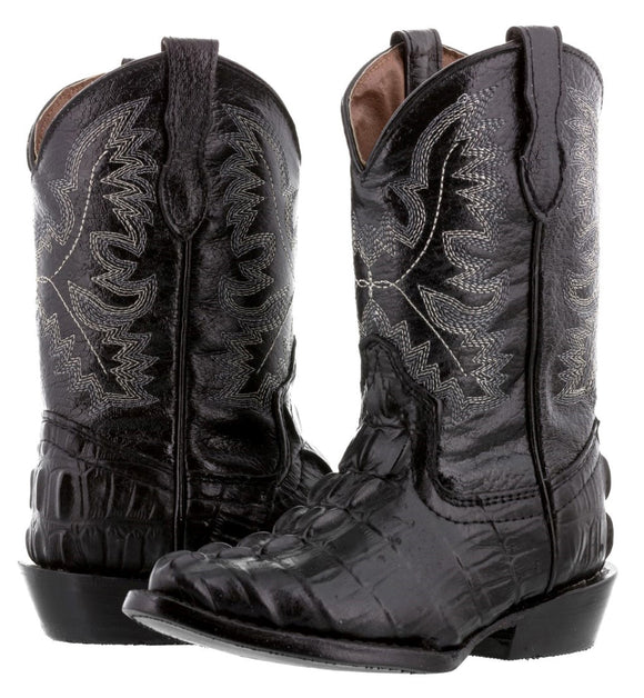 Kids Black Alligator Tail Print Leather Cowboy Boots J Toe