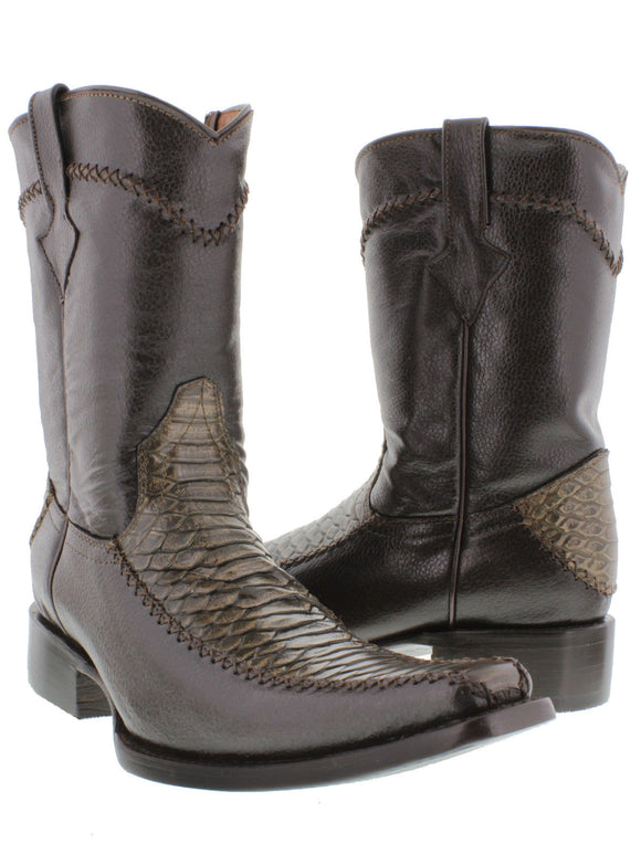 Mens Brown Leather Cowboy Boots Snake Print Zipper - #RKR