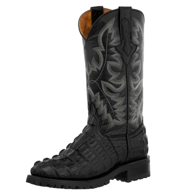 Mens Black Motorcycle Boots Crocodile Tail Print - Round Toe