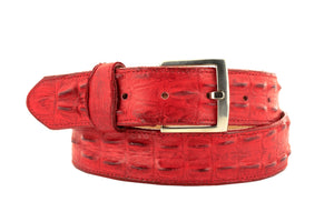 Red Western Belt Crocodile Tail Print Leather - Silver Buckle