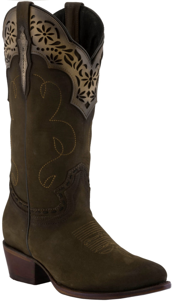 Women's Dark Brown Cowboy Boots Real Leather Round Toe Floral Overlay