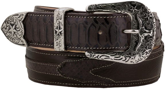 Brown Cowboy Leather Belt Snake Overlay Print - Silver Buckle