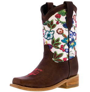 Kids Brown Western Cowboy Boots Flowers Leather Square Toe Vaquera