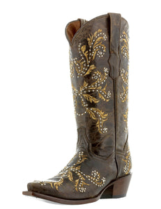 Womens Malaga Brown & Beige Leather Cowboy Boots Embroidered - Snip Toe