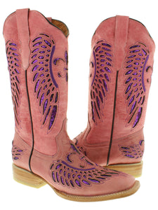 Womens Pink Cowboy Boots Fleur-De-Lis & Wings Purple Sequins - Snip Toe