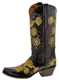 Womens Roma Dark Brown Cowgirl Boots Floral Embroidered - Snip Toe