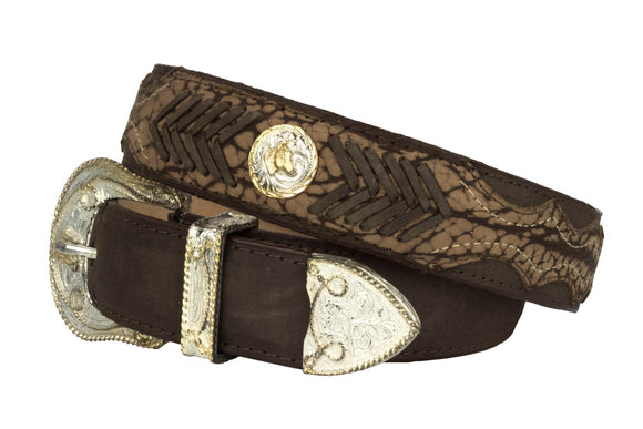 Brown Cowboy Leather Belt Elephant Overlay Print - Silver Buckle