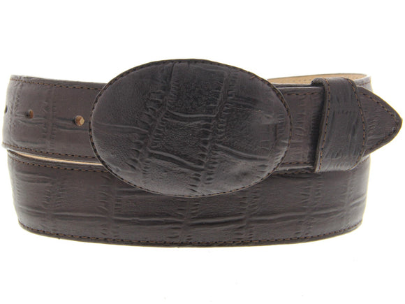 Mens Brown Alligator Big Belly Print Leather Belt - Round Buckle