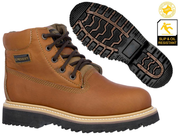 Mens Honey Brown Work Boots Leather Slip Resistant Lace Up Soft Toe - #600TR