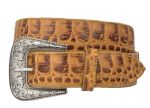 Mens Crocodile Alligator Pattern Leather Western Dress Cowboy Belt Cognac