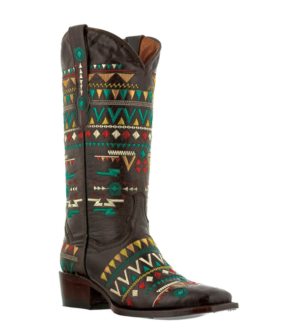 Women's Navajo Brown Embroidered Fashion Cowgirl Boots - Square Toe