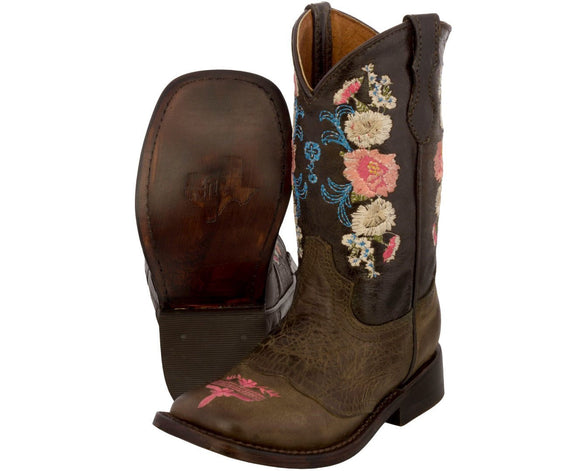 Kids Jazmin Brown Western Cowboy Boots Floral Leather - Square Toe