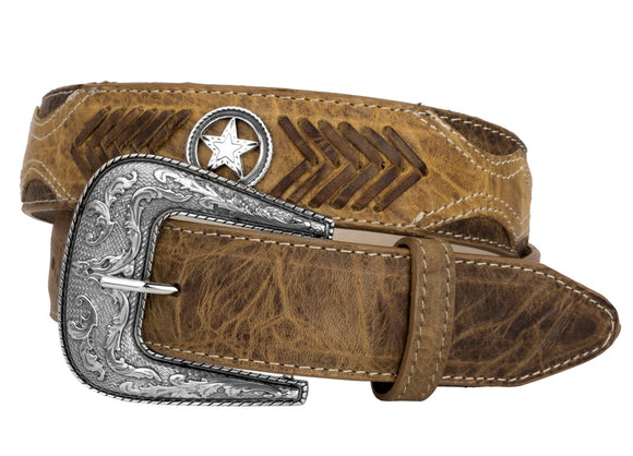 Honey Brown Western Cowboy Leather Belt Ranger Concho - Silver Buckle