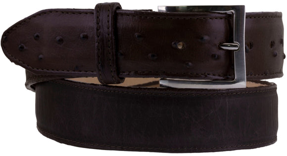 Brown Western Cowboy Belt Ostrich Quill Print Overlay Leather - Silver Buckle