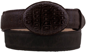 Men's Brown Crocodile Belly Overlay Design Leather Cowboy Belt Round Buckle