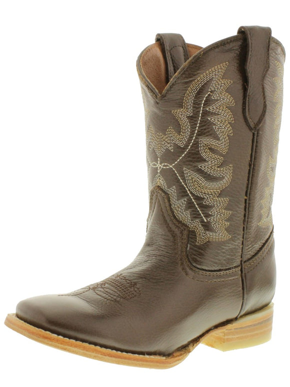Kids Barcelona Brown Solid Leather Western Cowboy Boots - Square Toe