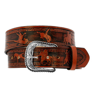 CognacWestern Dress Cowboy Belt Tooled Leather - Silver Buckle